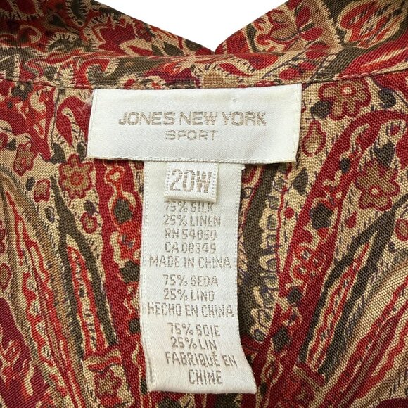 JONES NY Sleeveless Blouse Plus Size 20W Silk Linen Rust Red Paisley Womens Top - Picture 5 of 7